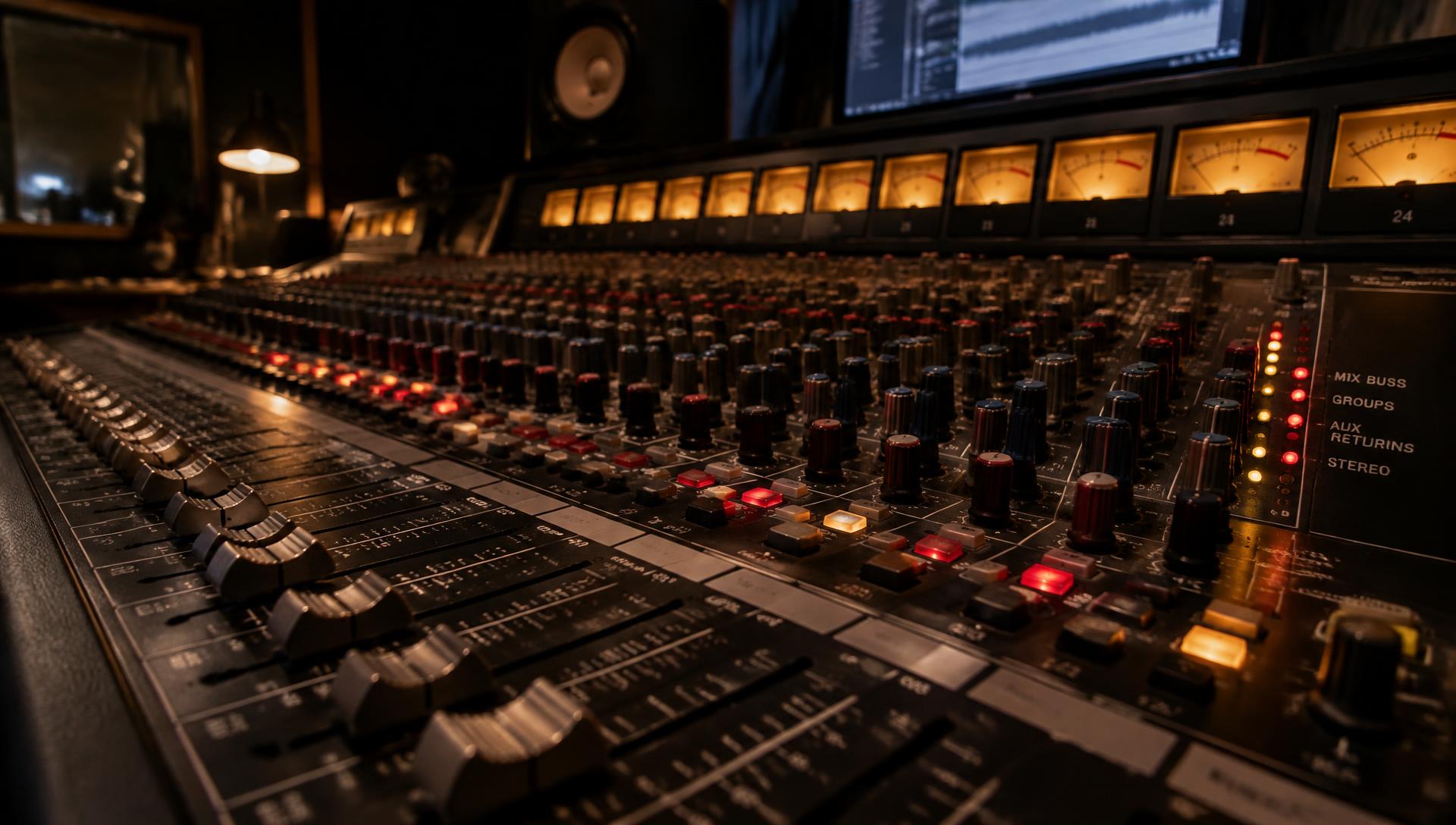 Studio mixing console with glowing VU meters